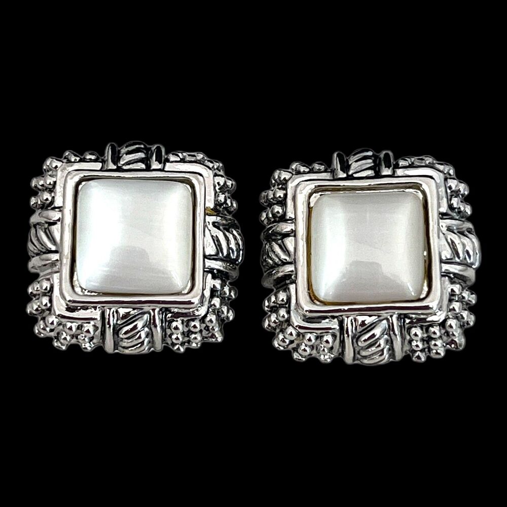 Vintage 1980s Square Clip On Earrings White Moonglow Silver Tone - 2Q